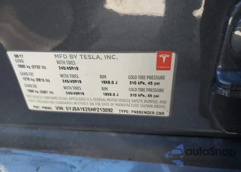 2017 Tesla Model S 100D/60D/75D/90D/P100D from USA, damaged, VIN 5YJSA1E25HF213092